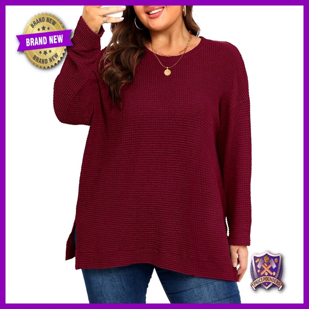 Plus Size Waffle Knit Long Sleeve Oversized Sweater Pullover Side Slits